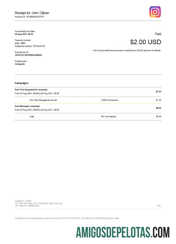 imprimível Modelo de fatura do Instagram dos EUA